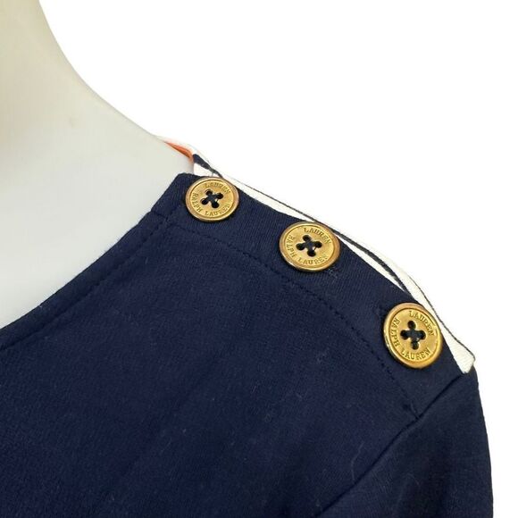 Ralph Lauren Navy Striped Top Womens Nautical Gold Shoulder Buttons Knit sz XL - Picture 6 of 9